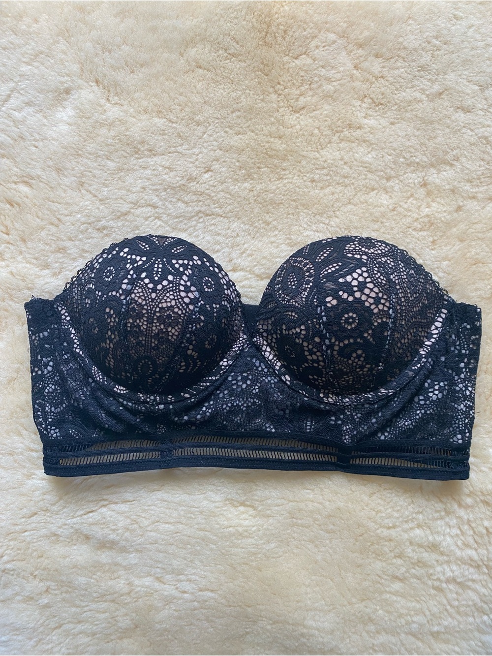 Victoria's Secret Black Lace Longline Strapless Bra Sexy Push-up 34B